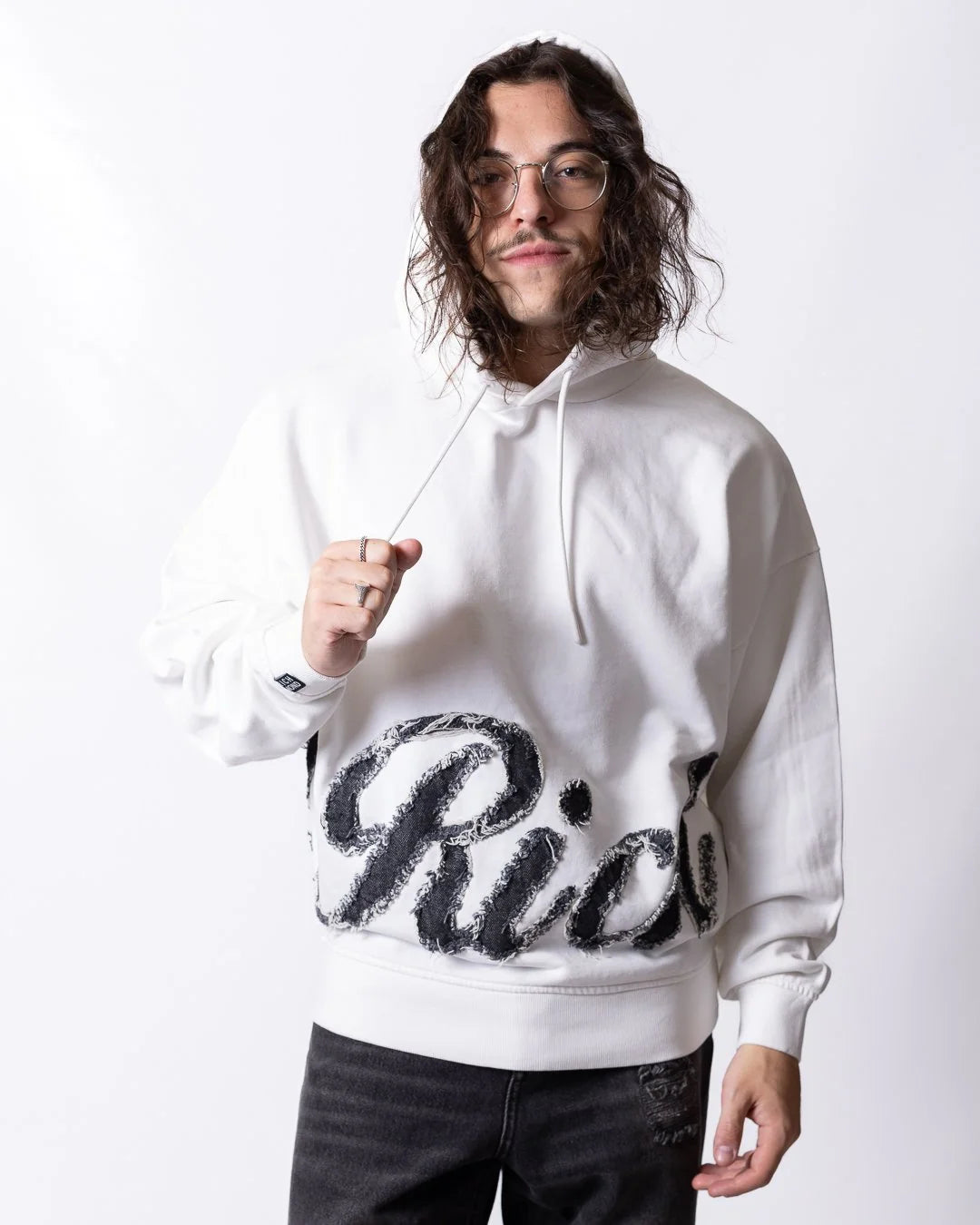 Felpa RICHMOND con cappuccio e logo "Richmond" in denim effetto taglio vivo