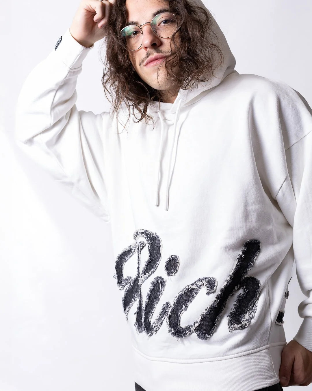 Felpa RICHMOND con cappuccio e logo "Richmond" in denim effetto taglio vivo