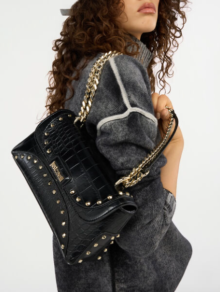 Borsa JUST CAVALLI a Spalla Nera Borchiata Effetto Cocco