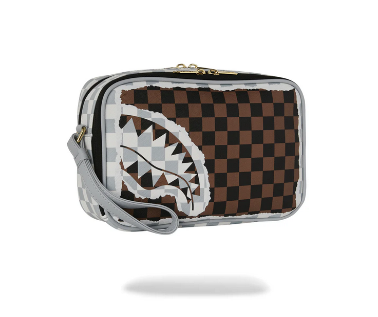 POCHETTE SPRAYGROUND CREAM AND BROWN TEAR CHECK TOILETRY BAG
