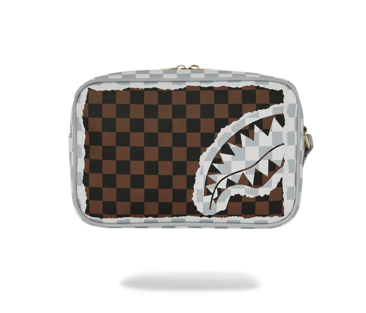 POCHETTE SPRAYGROUND CREAM AND BROWN TEAR CHECK TOILETRY BAG