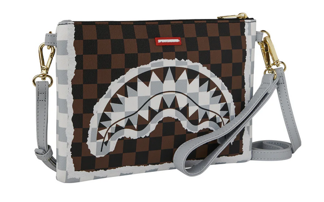 POCHETTE SPRAYGROUND CREAM AND BROWN TEAR CHECK CROSSOVER CLUTCH