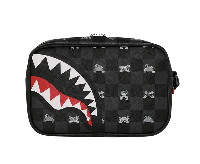 POCHETTE SPRAYGROUND GRAY PEEKING CHARACTER CHECK TOILETRY BRICK