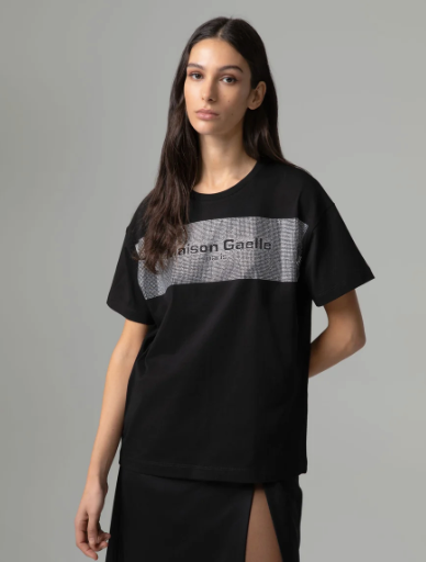 T-shirt GAELLE PARIS paricollo mezza manica con applicazione strass