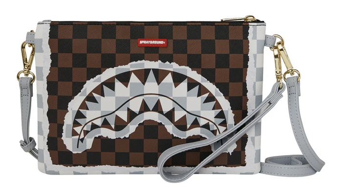 POCHETTE SPRAYGROUND CREAM AND BROWN TEAR CHECK CROSSOVER CLUTCH
