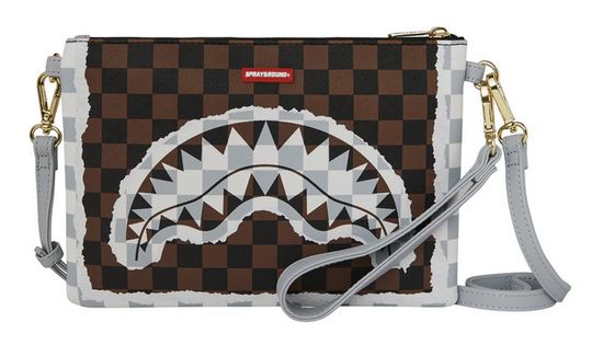 POCHETTE SPRAYGROUND CREAM AND BROWN TEAR CHECK CROSSOVER CLUTCH