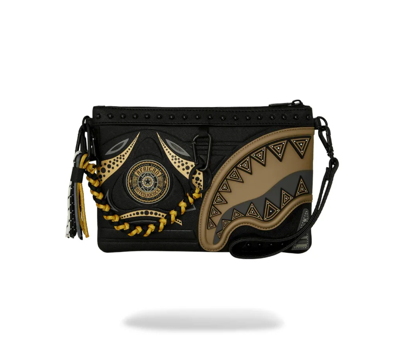 POCHETTE SPRAYGROUND AI WONDERLAND GOLD AND BLACK CROSSOVER CLUTCH (Copia)
