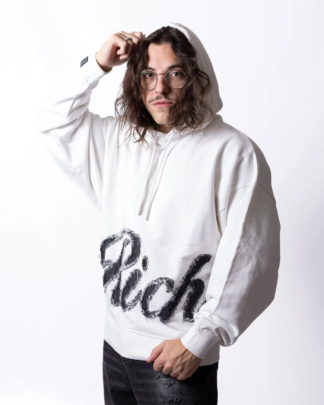 Felpa RICHMOND con cappuccio e logo "Richmond" in denim effetto taglio vivo