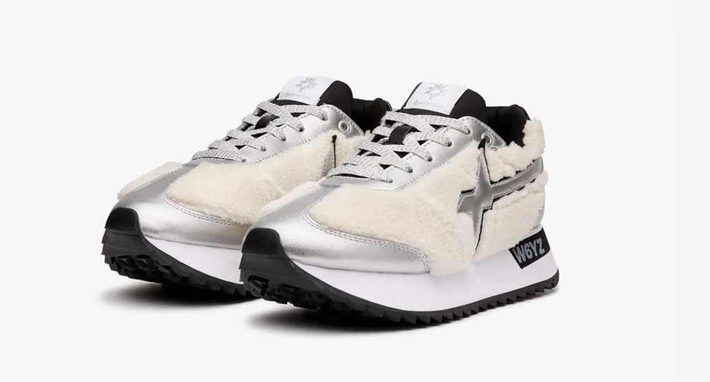 Sneakers W6YZ in pelle e ecofur - argento/bianco